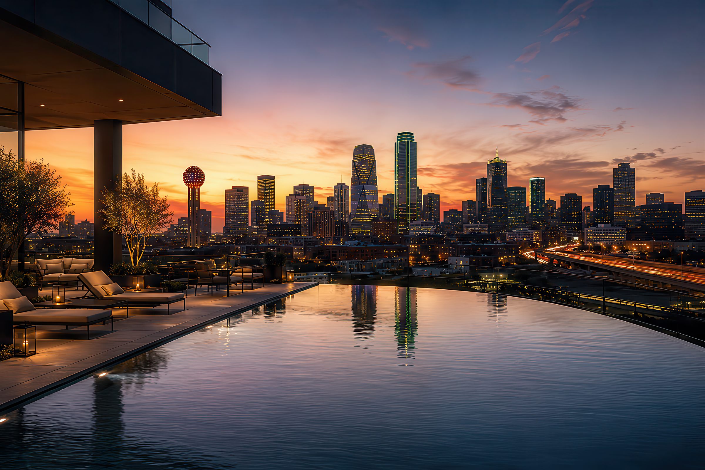 The Dallas skyline at sunset from a private rooftop infinity pool, city lights mirrored in the still water